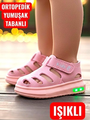 Ellaboni Işıklı Cırt Cırtlı Kız Çocuk Beyaz Yumuşak Ortopedik Taban Spor Sandalet Terlik