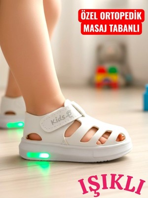Ellaboni Işıklı Cırt Cırtlı Kız Çocuk Beyaz Yumuşak Ortopedik Taban Spor Sandalet Terlik