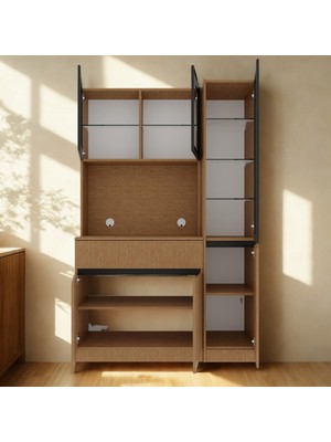 Sarıoğlu Mobilya Nordıc Wood Led’li Kahve Köşesi Ünitesi | Sağ Vitrinli Füme Cam | Komple Mdf Modern Mutfak Dolabı