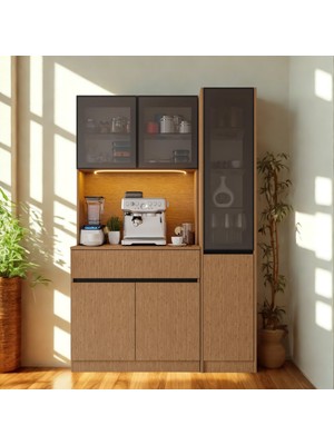 Sarıoğlu Mobilya Nordıc Wood Led’li Kahve Köşesi Ünitesi | Sağ Vitrinli Füme Cam | Komple Mdf Modern Mutfak Dolabı