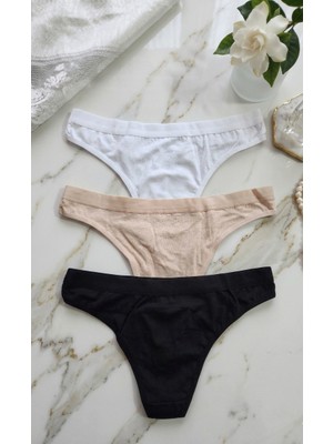 Andino 3'lü Tanga Beyaz, Bej, Siyah, Likra Pamuklu String Sexi Kadın Külot