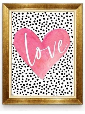 Tablore Altın Çerçeveli Pembe Suluboya Kalp Tasarımlı Love Yazılı Modern Duvar Tablosu