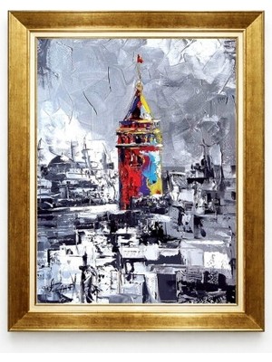 Tablore Altın Çerçeveli Istanbul Galata Kulesi Spatula Yağlıboya Dokulu Modern Salon Duvar Tablosu