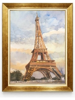 Tablore Klasik Suluboya Tarzı Eyfel Kulesi Paris Manzarası Gold Çerçeveli Tablo Antre Salon Duvar Resmi