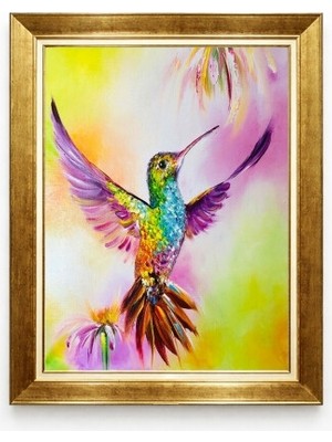 Tablore Canlı Renkli Sinek Kuşu Kolibri Altın Çerçeveli Salon Duvar Tablosu