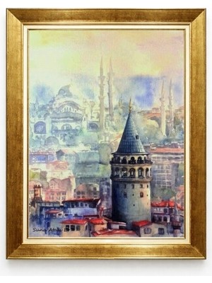 Tablore Sulu Boya Tarihi Galata Kulesi Altın Çerçeveli Salon Duvar Tablosu