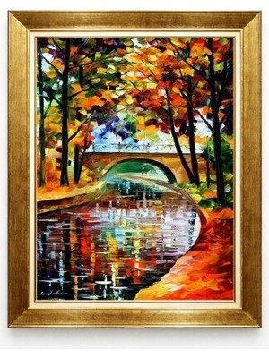 Tablore Altın Çerçeveli Sonbahar Manzaralı Yağlı Boya Görünümlü Tablo Afremov Tarzı Salon Duvar Dekorasyonu