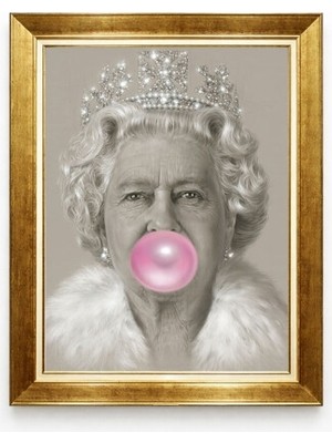 Tablore Altın Çerçeveli Sakız Şişiren Kraliçe Elizabeth Tasarımlı Pop Art Modern Tablo