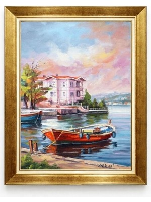 Tablore Istanbul Boğazı Yalı ve Sandal Manzaralı Gold Çerçeveli Salon Duvar Tablosu
