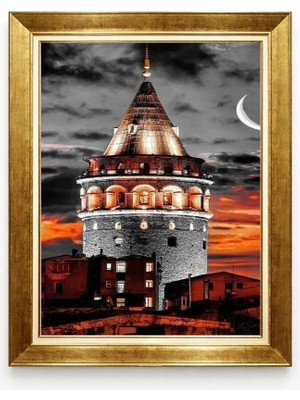 Tablore Istanbul Galata Kulesi ve Hilal Temalı Kızıl Gün Batımı Gold Çerçeveli Duvar Tablosu