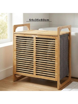 Neu Home Kalın Ahşap Bambu 2 Bölmeli Kirli Çamaşır Sepeti Kumaş Çantalı SEPET=54X35X60CM (5486)