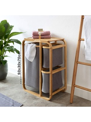 Neu Home Kirli Çamaşır Sepeti Ahşap - Bambu 3 Organizer Bölmeli Kumaş Çantalı 50X30X70CM (5486)