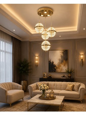 Yeni Model 4 Sarkıt Lüx LED Avize Gold Renk 3 Işık Seçeneği Ithal Model