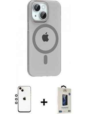 Marsilyan™- iPhone 14 Kılıf Pusula Form Özel Seri - Siyah Bilvis Hayalet Cam Ekran Koruyucu + Gökkuşağı Shine Kamera Lens