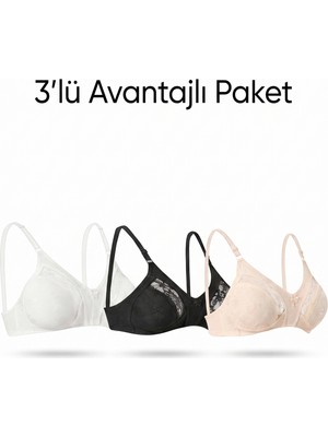 Ebru Lez Ara Dantelli Telsiz Sütyen (3’lü Avantaj Paketi - Siyah, Beyaz & Ten Rengi)