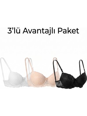 Ebru Dantelli Desteksiz Telli Sütyen (3’lü Avantaj Paketi - Siyah, Beyaz & Ten Rengi)