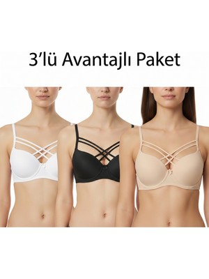 Ebru Çapraz Çift Ipli Destekli Telli Sütyen (3’lü Avantaj Paketi - Siyah, Beyaz & Ten Rengi)