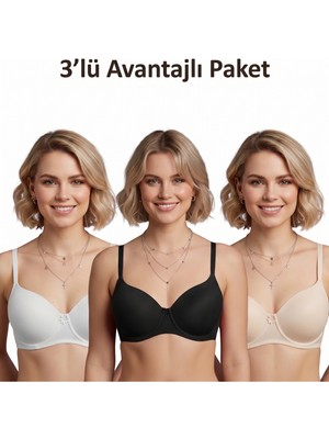 Ebru Mikro Kumaş Fitilli Destekli Telli Sütyen (3’lü Avantaj Paketi - Siyah, Ekru & Ten Rengi)