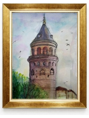 Tablore Galata Kulesi Sulu Boya Etkili Gold Çerçeveli Istanbul Manzaralı Duvar Tablosu