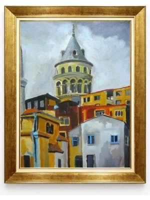 Tablore Galata Kulesi Istanbul Manzaralı Altın Çerçeveli Yağlı Boya Dokulu Tablo