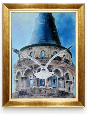 Tablore Istanbul Galata Kulesi ve Uçan Martı Manzaralı Altın Çerçeveli Salon Duvar Tablosu