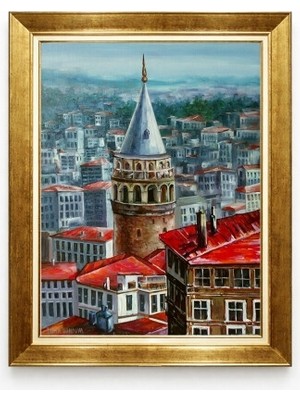 Tablore Galata Kulesi ve Istanbul Manzaralı Altın Çerçeveli Yağlı Boya Dokulu Duvar Tablosu