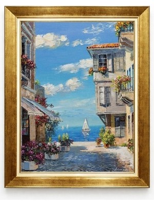 Tablore Akdeniz Manzaralı Ege Kasabası ve Yelkenli Deniz Manzaralı Altın Çerçeveli Salon Tablosu