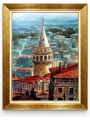 Tablore Galata Kulesi Istanbul Manzaralı Çerçeveli Tablo Suluboya Efektli Salon Duvar Dekorasyonu