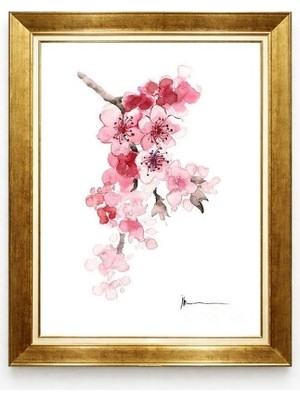 Tablore Pembe Bahar Dalı ve Sakura Çiçekleri Sulu Boya Tarzı Gold Çerçeveli Duvar Tablosu Minimalist Dekor