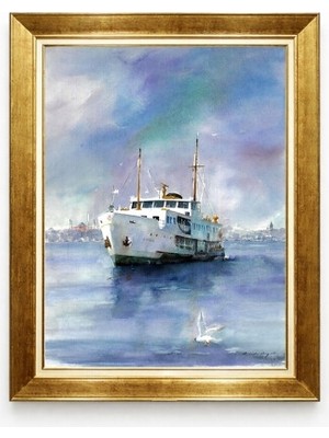 Tablore Suluboya Istanbul Şehir Hatları Vapuru ve Martı Altın Çerçeveli Tablo Deniz Manzaralı