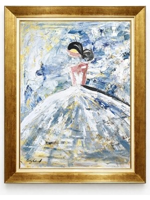 Tablore Altın Çerçeveli Modern Balerin Yağlı Boya Görünümlü Soyut Figür Duvar Tablosu