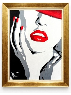Tablore Gold Çerçeveli Kırmızı Rujlu Kadın Pop Art Minimalist Modern Salon Duvar Tablosu
