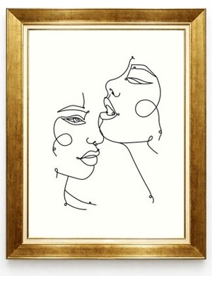 Tablore Line Art Tek Çizgi Iki Kadın Yüzü Gold Çerçeveli Tablo Minimalist Modern Yatak Odası Salon Tablosu