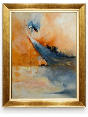 Tablore Soyut Yağlı Boya Dokulu Turuncu Mavi Dalga Esintili Lüks Gold Çerçeveli Kanvas Tablo