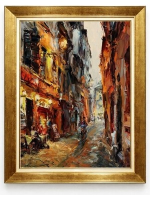 Tablore Gold Çerçeveli Nostaljik Sokak Manzarası Yağlı Boya Efektli Salon Tablosu