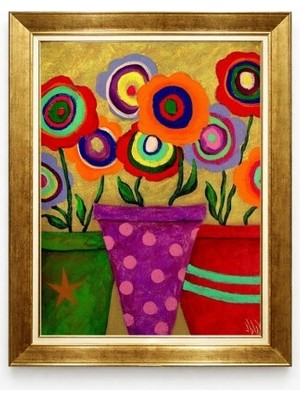 Tablore Renkli Pop Art Çiçekler Altın Çerçeveli Kanvas Tablo Salon Oturma Odası Duvar Dekorasyonu