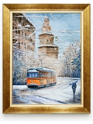 Tablore Karlı Manzara ve Nostaljik Tramvay Sulu Boya Etkili Gold Çerçeveli Tablo Salon Duvar Dekorasyonu