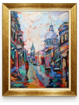Tablore Nostaljik Avrupa Sokak Manzaralı Yağlı Boya Dokulu Altın Çerçeveli Salon Tablosu