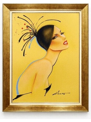 Tablore Sarı Arka Planlı Estetik Kadın Figürlü Gold Çerçeveli Modern Salon Tablosu