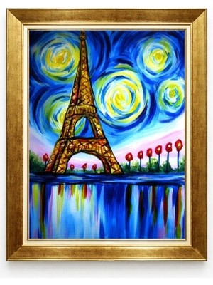 Tablore Van Gogh Yıldızlı Gece Tarzı Eyfel Kulesi Gold Çerçeveli Tablo Paris Manzaralı Salon Tablosu