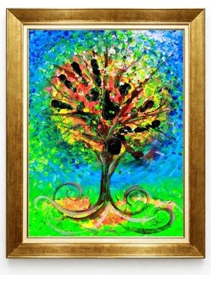 Tablore Soyut El Izleri Hayat Ağacı Tasarımlı Canlı Renkli Çerçeveli Tablo