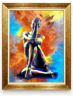 Tablore Soyut Ekspresyonist Renkli Yağlı Boya Dokulu Figüratif Gold Çerçeveli Modern Tablo