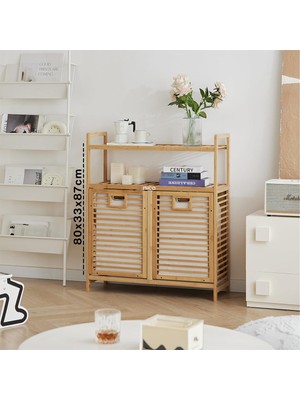 İlkyaz Fashion Kirli 2 Kat Organizer Raflı - 2 Bölmeli Önden Çek Aç Kalın Ahşap Bambu Kirli Çamaşır Se