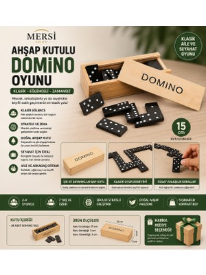 Mersi Shop Ahşap Kutulu Domino Oyunu Klasik Aile ve Seyahat Oyunu 15 cm
