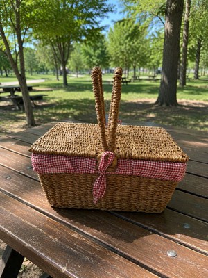 Lucky Clover Hasır Piknik Sepeti Çıkarılabilir Yıkanabilir Astarlı 39X19X25 cm Ekstra Sert Bambu