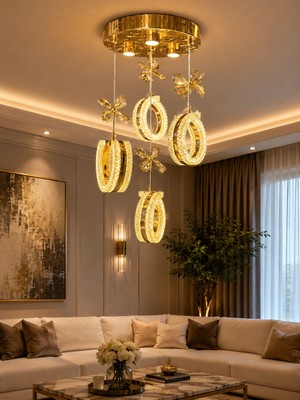 Yeni Model 4 Sarkıt Lüx LED Avize Gold Renk 3 Işık Seçeneği Ithal Model