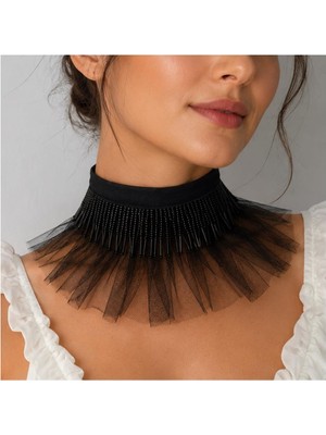 BijuStore Siyah Organze Tül - Saten - Siyah El Işi Boncuk Kadın Choker