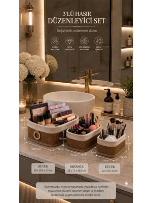 Lucky Clover Hasır Makyaj Organizer Seti 3’lü, Dekoratif Sepet, Kozmetik Düzenleyici, Modern Tasarım