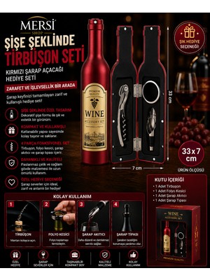 Mersi Shop Şişe Şeklinde Tirbuşon Seti Kırmızı | Şarap Açacağı Hediye Seti 33X7 cm