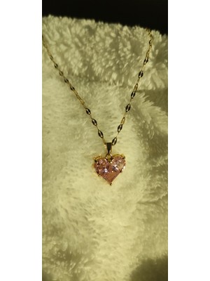 Gloriam Çelik Gold Renk Pembe Zirkon Taşlı Kalp Model Kadın Kolye